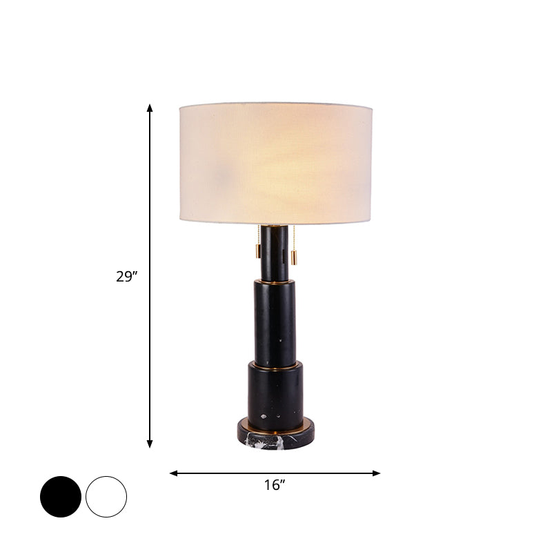 3-Tier Column Marble Night Lamp Minimalist 1 Bulb Black/White Pull-Chain Table Light with Drum Fabric Shade