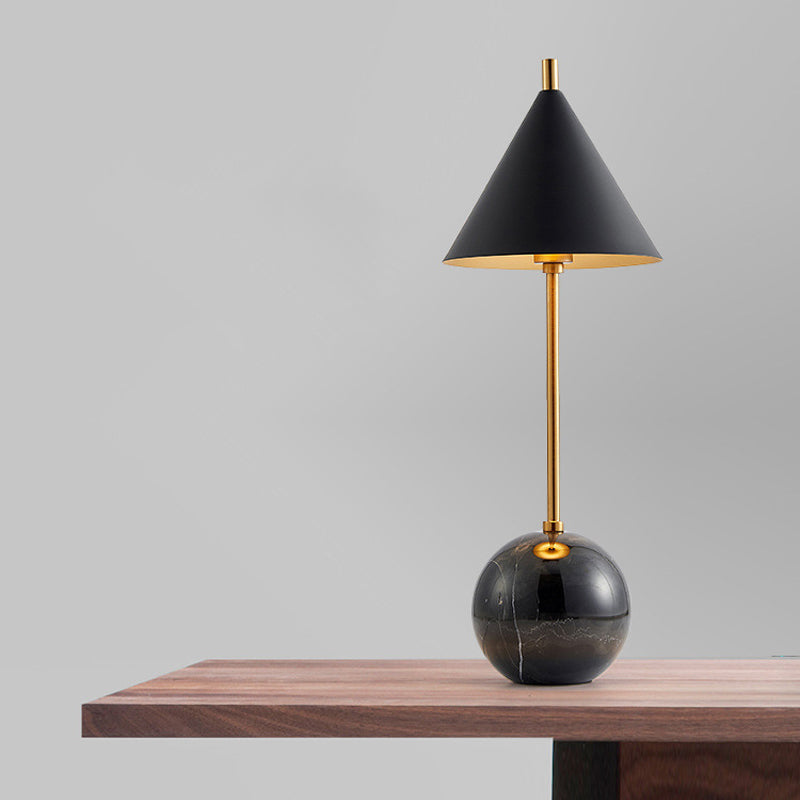 Globe Nightstand Light Nordic Marble 1-Light Black/White and Brass Table Lamp with Cone Shade