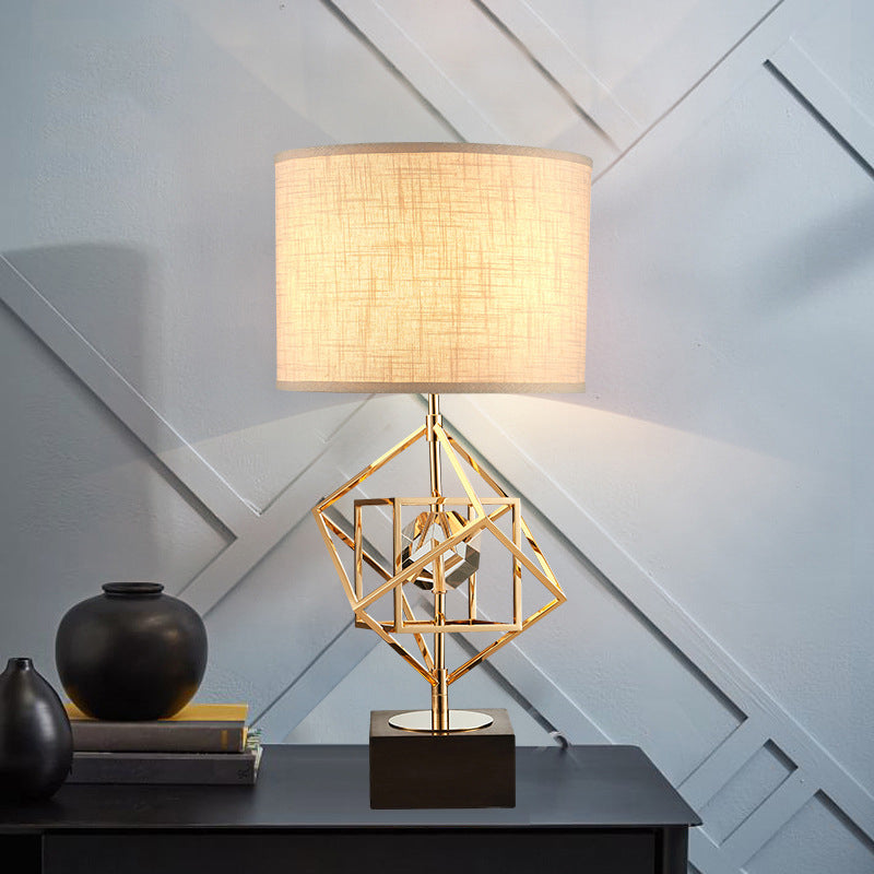 Interlocked Cube Table Lamp Postmodern Metal 1 Light Brass and Black Night Light with Cylinder Fabric Shade