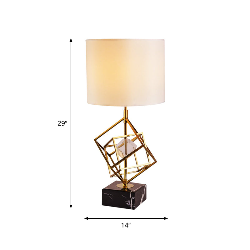 Interlocked Cube Table Lamp Postmodern Metal 1 Light Brass and Black Night Light with Cylinder Fabric Shade