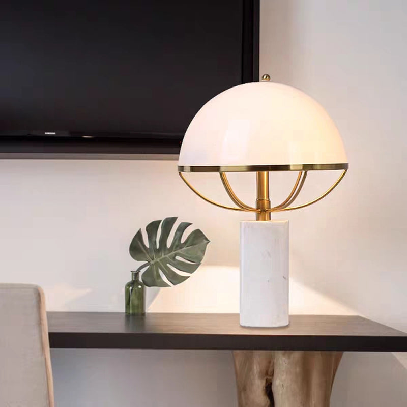 Milk Glass Half-Globe Night Lamp Designer 2-Light White and Brass Table Stand Light with Marble Pedestal