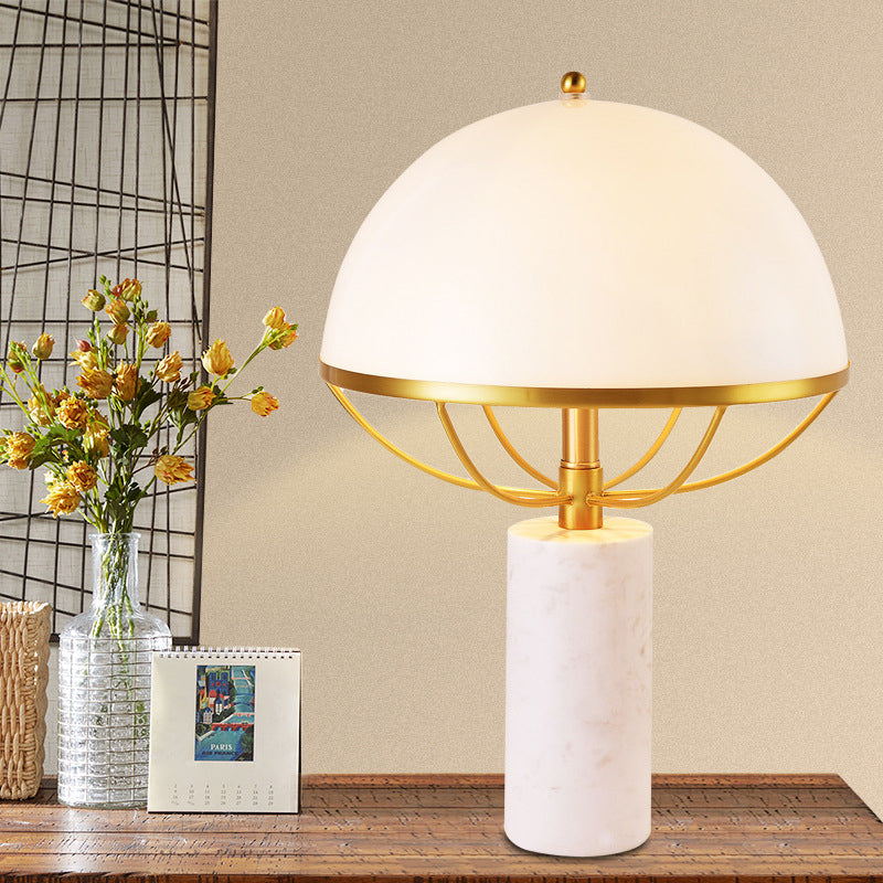 Milk Glass Half-Globe Night Lamp Designer 2-Light White and Brass Table Stand Light with Marble Pedestal