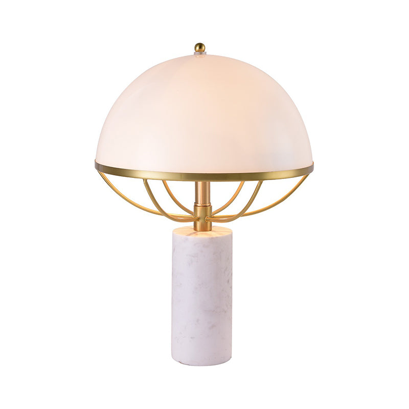 Milk Glass Half-Globe Night Lamp Designer 2-Light White and Brass Table Stand Light with Marble Pedestal