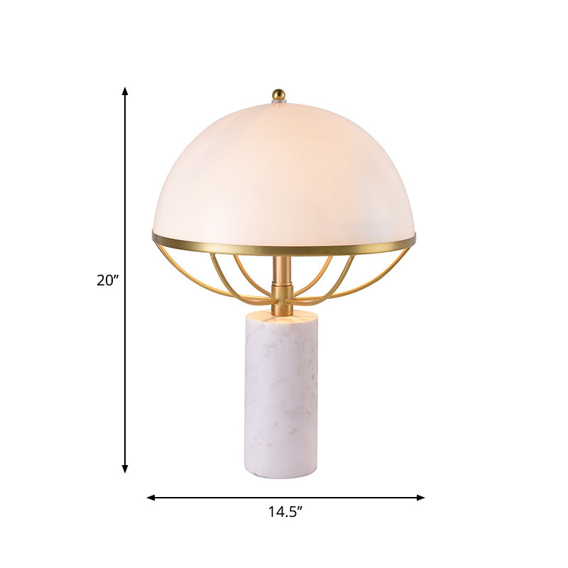 Milk Glass Half-Globe Night Lamp Designer 2-Light White and Brass Table Stand Light with Marble Pedestal