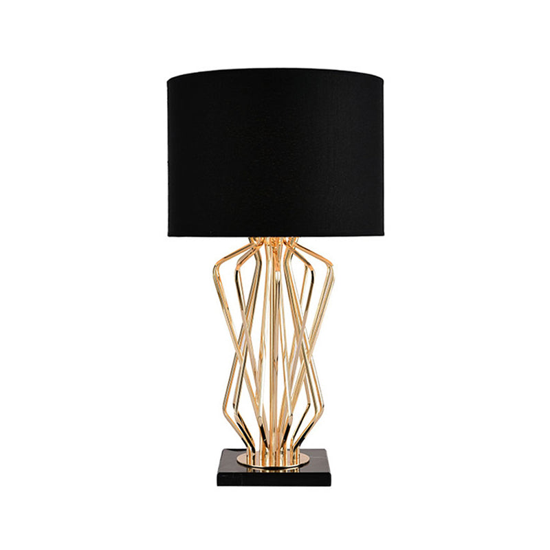 Gold Finish Hourglass Night Light Modern 1-Bulb Metal Table Lamp with Black/White Cylinder Fabric Shade