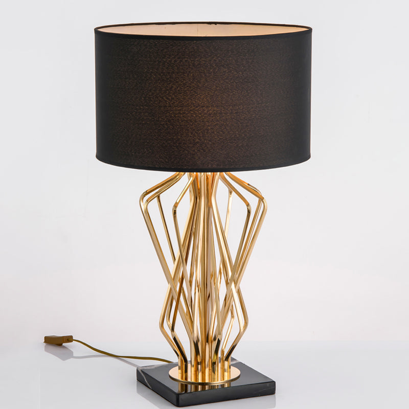 Gold Finish Hourglass Night Light Modern 1-Bulb Metal Table Lamp with Black/White Cylinder Fabric Shade