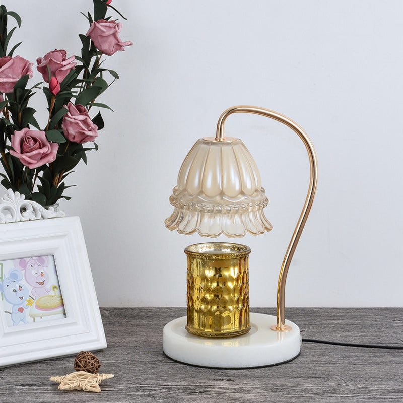 Tan Glass Flower Nightstand Lamp Designer 1-Light White and Brass Gooseneck Table Light