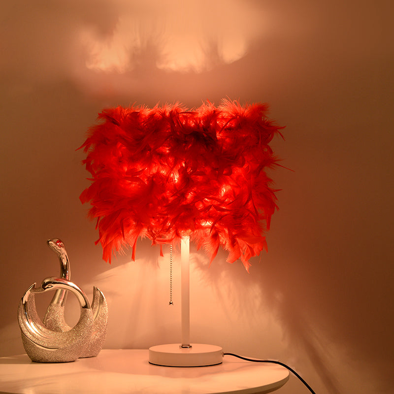 White/Red/Pink Cylindrical Table Lamp Romantic Modern 1 Bulb Feather Pull-Chain Nightstand Light