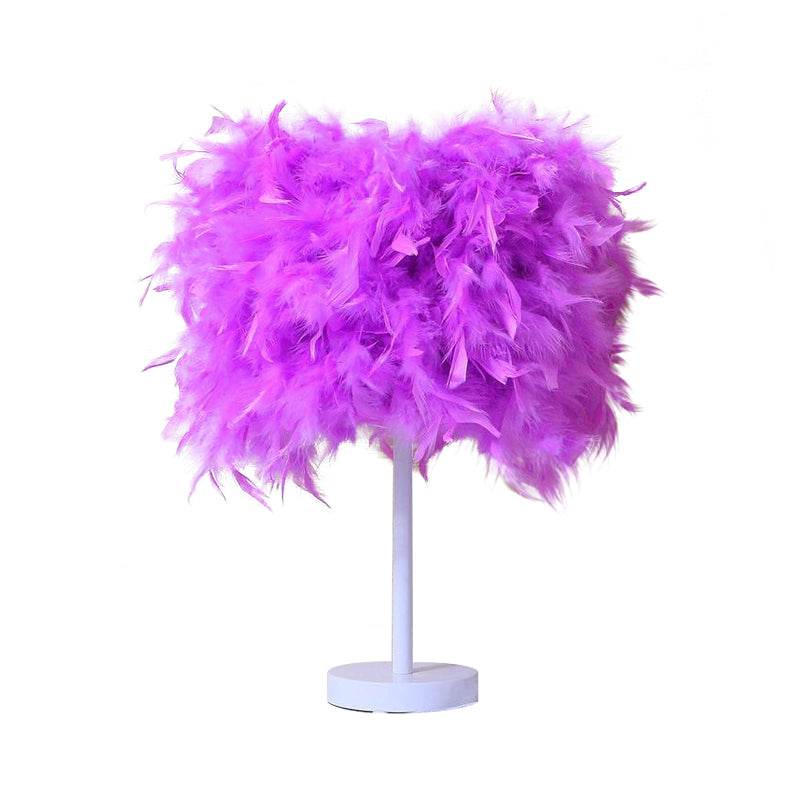 10"/14" Wide Cylinder Shaped Night Light Modern Feather 1 Head Bedside Table Lamp in Pink/White/Purple