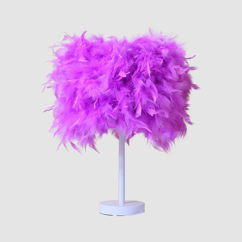 10"/14" Wide Cylinder Shaped Night Light Modern Feather 1 Head Bedside Table Lamp in Pink/White/Purple