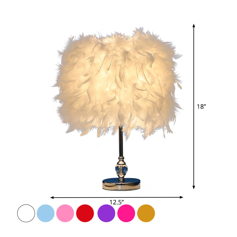 Simplicity Drum Night Lamp Feather 1-Light Bedroom Table Lighting in Pink/Red/Yellow with Crystal Decor