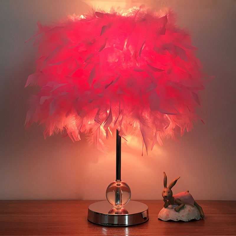 Cylinder Feather Table Lamp Contemporary 1 Bulb Red/Pink/Burgundy Night Stand Light with Crystal Ball