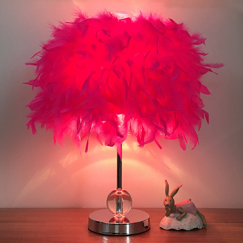 Cylinder Feather Table Lamp Contemporary 1 Bulb Red/Pink/Burgundy Night Stand Light with Crystal Ball