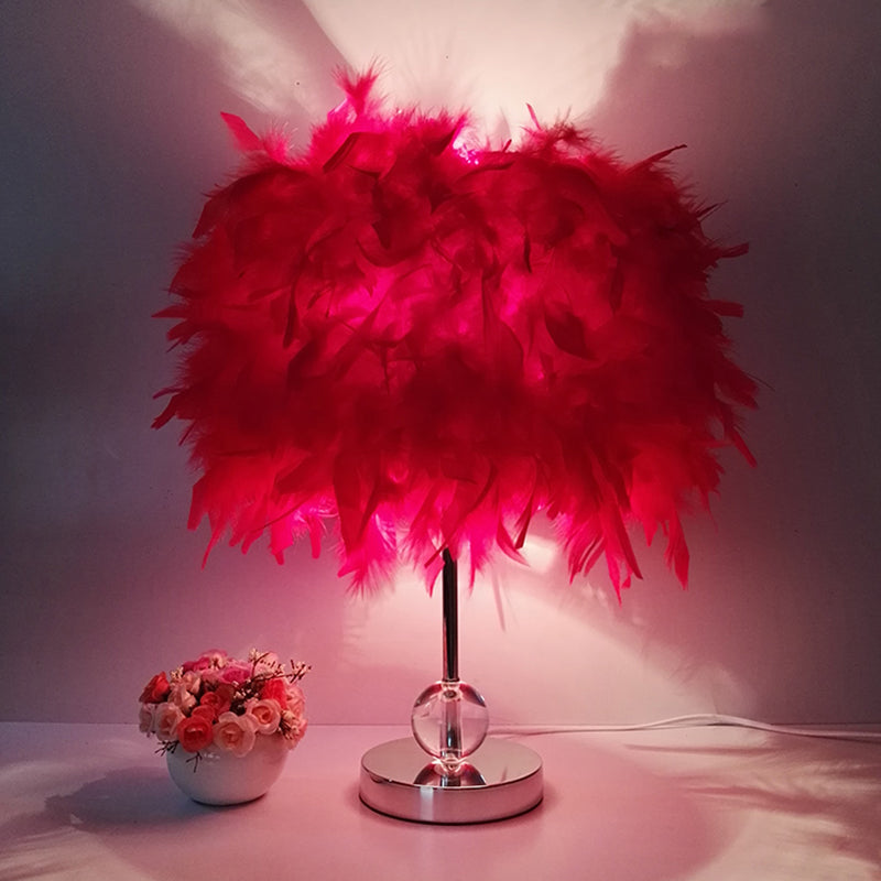 Cylinder Feather Table Lamp Contemporary 1 Bulb Red/Pink/Burgundy Night Stand Light with Crystal Ball