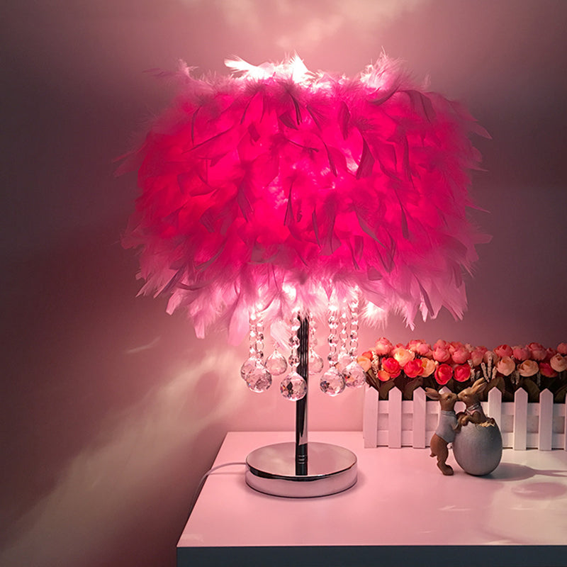 Feather Round Night Stand Lamp Contemporary 1-Bulb Red/Pink/Purple Table Light with Crystal Drop and White/Chrome Base