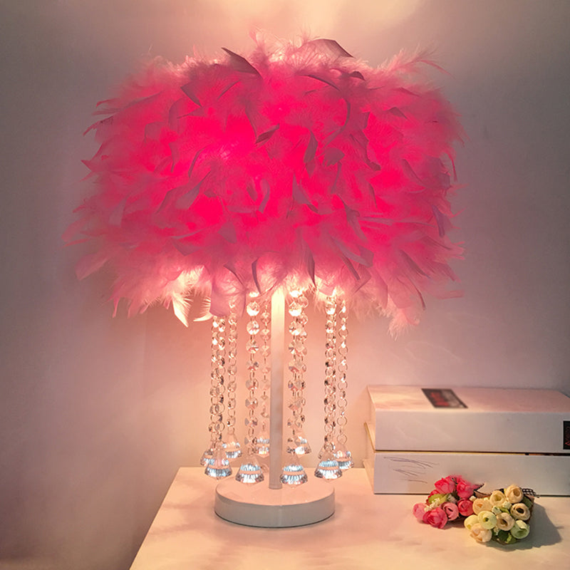 1-Light Girls Room Night Lamp Modern Pink/Purple/White Table Light with Cylindrical Feather Shade