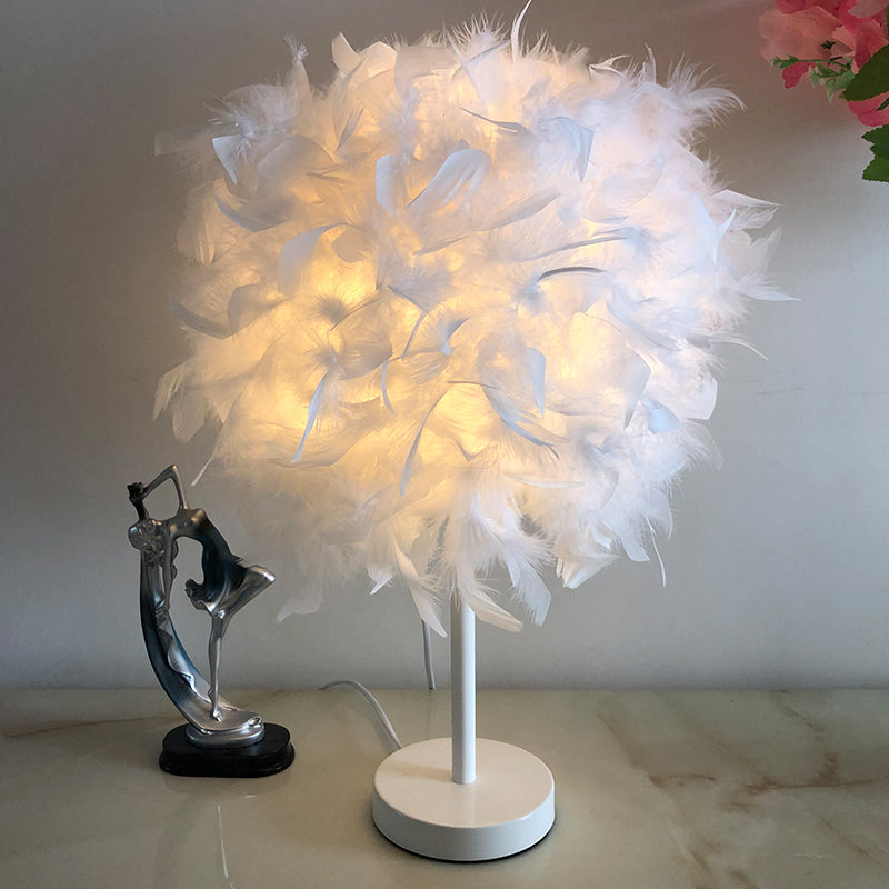 Feather Sphere Nightstand Light Nordic Style 1-Light White Table Lamp for Bedroom