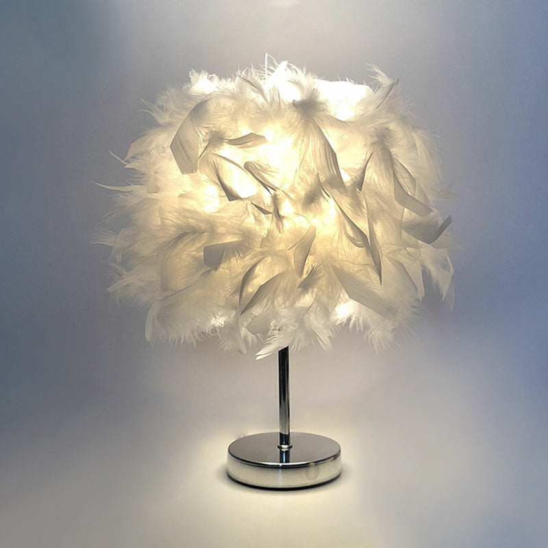 8.5"/10" Wide Ball Shaped Table Light Simple Feather Single Kids Room Night Stand Lamp in White/Chrome