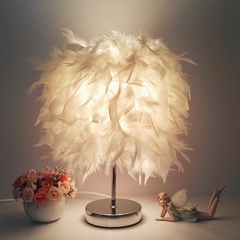 8.5"/10" Wide Ball Shaped Table Light Simple Feather Single Kids Room Night Stand Lamp in White/Chrome