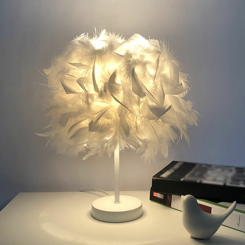 8.5"/10" Wide Ball Shaped Table Light Simple Feather Single Kids Room Night Stand Lamp in White/Chrome