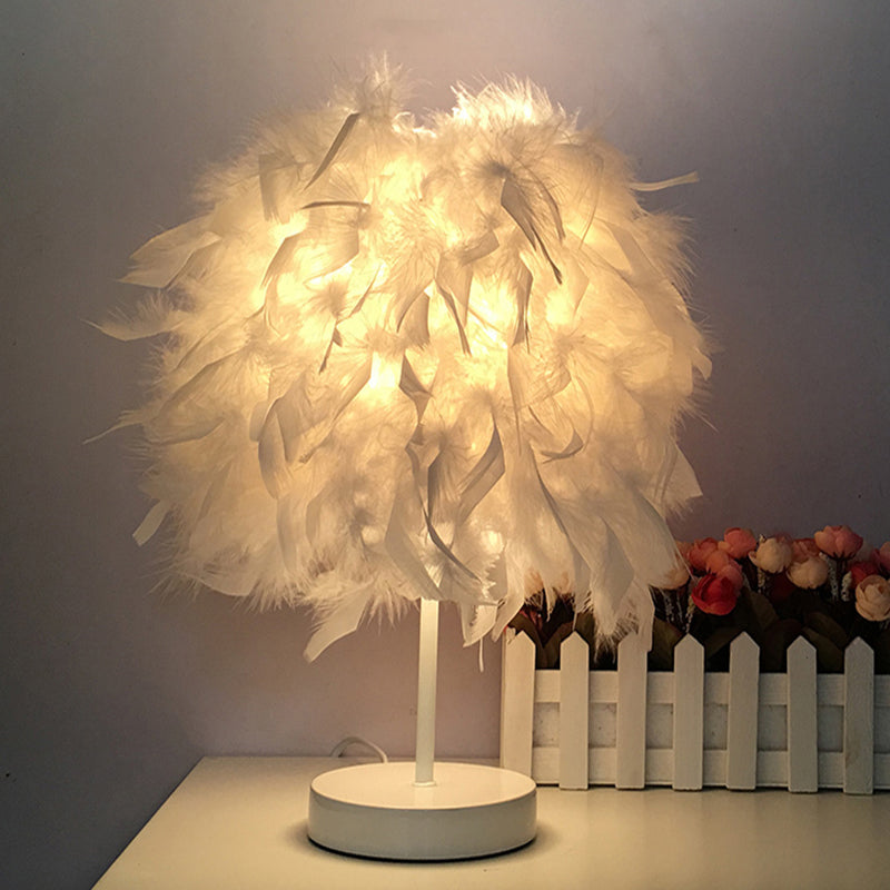 8.5"/10" Wide Ball Shaped Table Light Simple Feather Single Kids Room Night Stand Lamp in White/Chrome