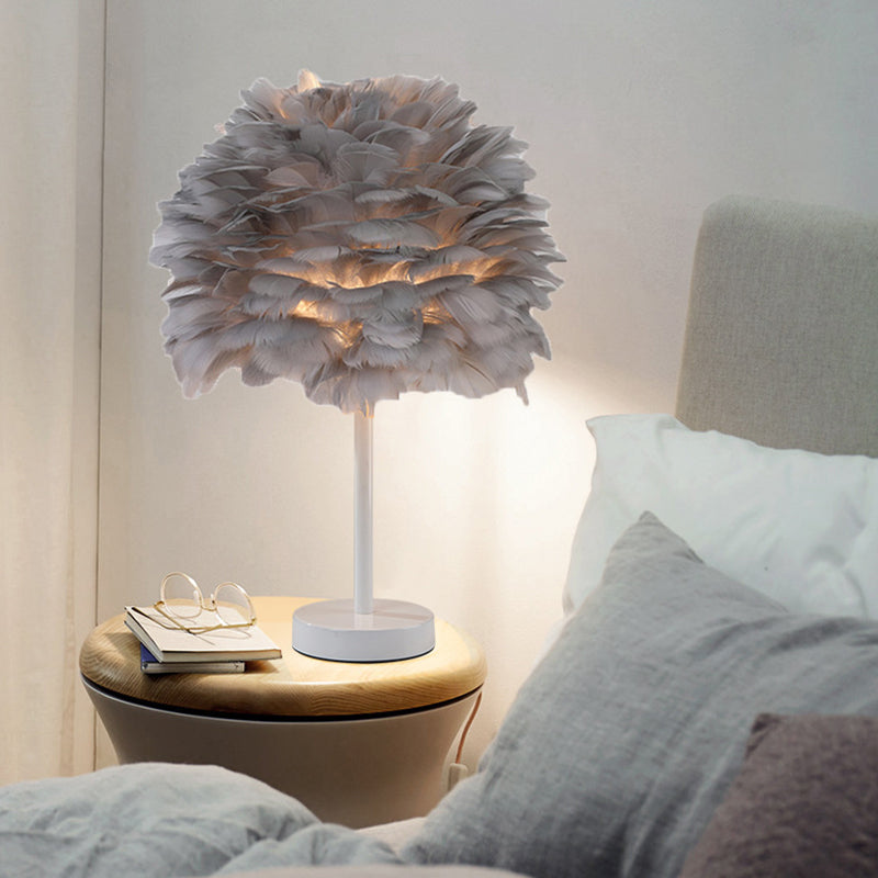 Goose Feather Dome Night Light Nordic 1 Bulb Grey/White/Pink Table Lamp with Tripod/Straight Stand in Black/White/Wood