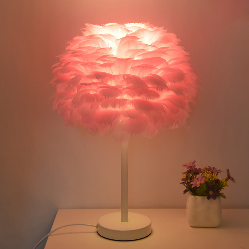 Goose Feather Dome Night Light Nordic 1 Bulb Grey/White/Pink Table Lamp with Tripod/Straight Stand in Black/White/Wood