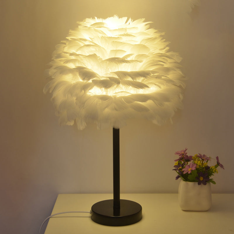 Goose Feather Dome Night Light Nordic 1 Bulb Grey/White/Pink Table Lamp with Tripod/Straight Stand in Black/White/Wood