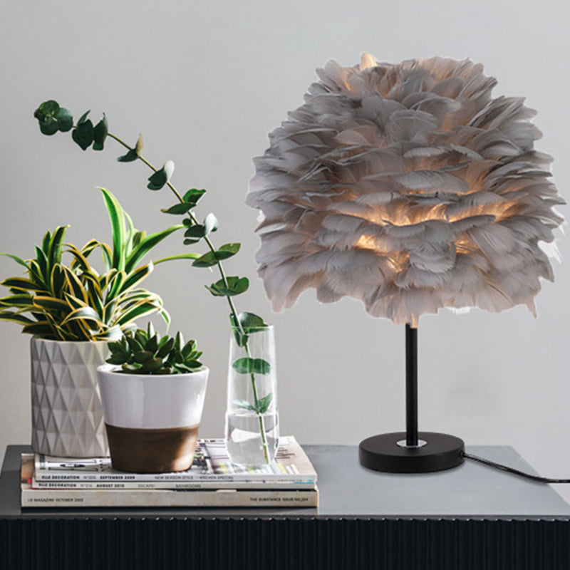 Goose Feather Dome Night Light Nordic 1 Bulb Grey/White/Pink Table Lamp with Tripod/Straight Stand in Black/White/Wood