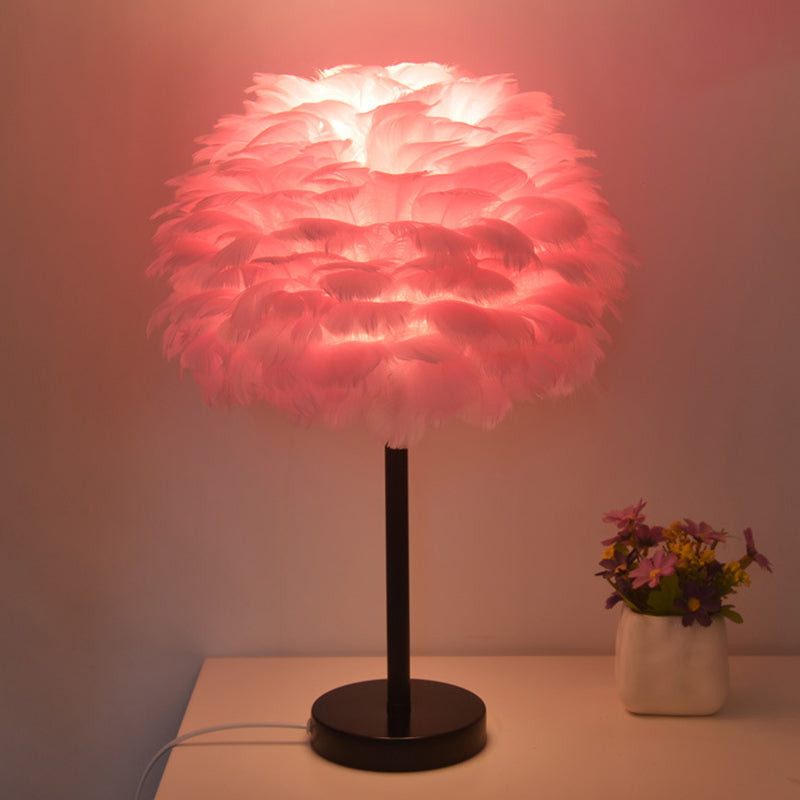 Goose Feather Dome Night Light Nordic 1 Bulb Grey/White/Pink Table Lamp with Tripod/Straight Stand in Black/White/Wood