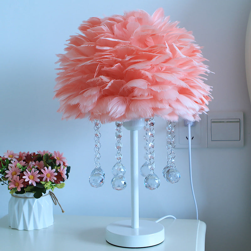 Hemisphere Feather Table Lamp Modern Single-Bulb Grey/White/Pink Night Light with Crystal Ball/Drop