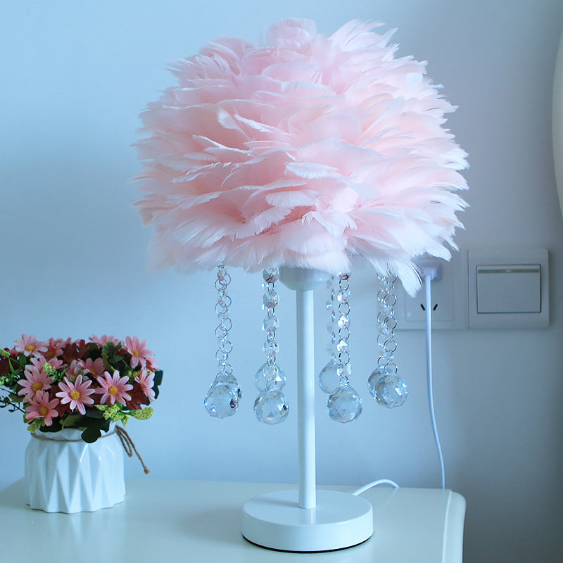 Hemisphere Feather Table Lamp Modern Single-Bulb Grey/White/Pink Night Light with Crystal Ball/Drop