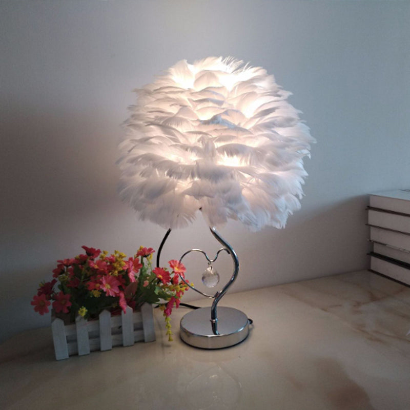 1-Light Bedroom Night Lamp Nordic Grey/Orange/Pink Table Light with Dome Feather Shade and Crystal Accent