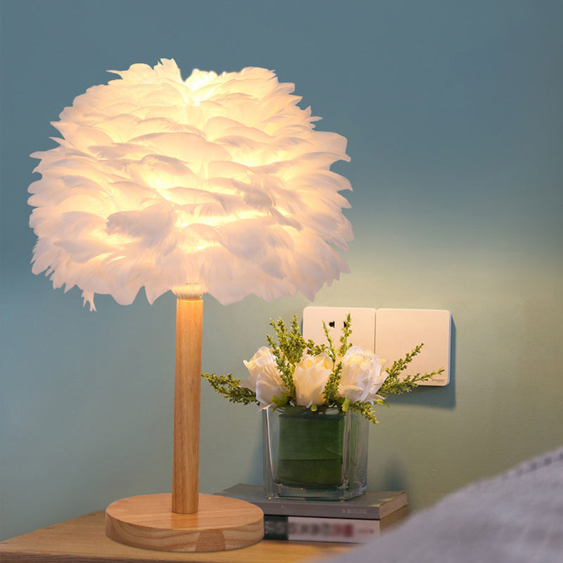 Dome Nightstand Light Nordic Feather Single Bedside Table Lamp in Pink/White/Grey with Wood Pole