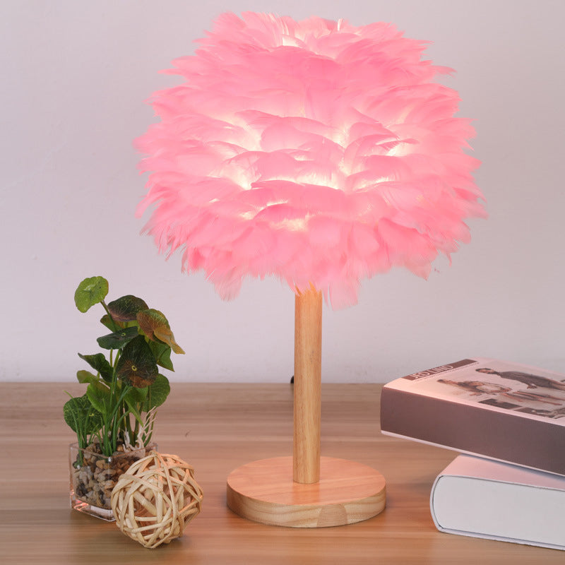 Dome Nightstand Light Nordic Feather Single Bedside Table Lamp in Pink/White/Grey with Wood Pole