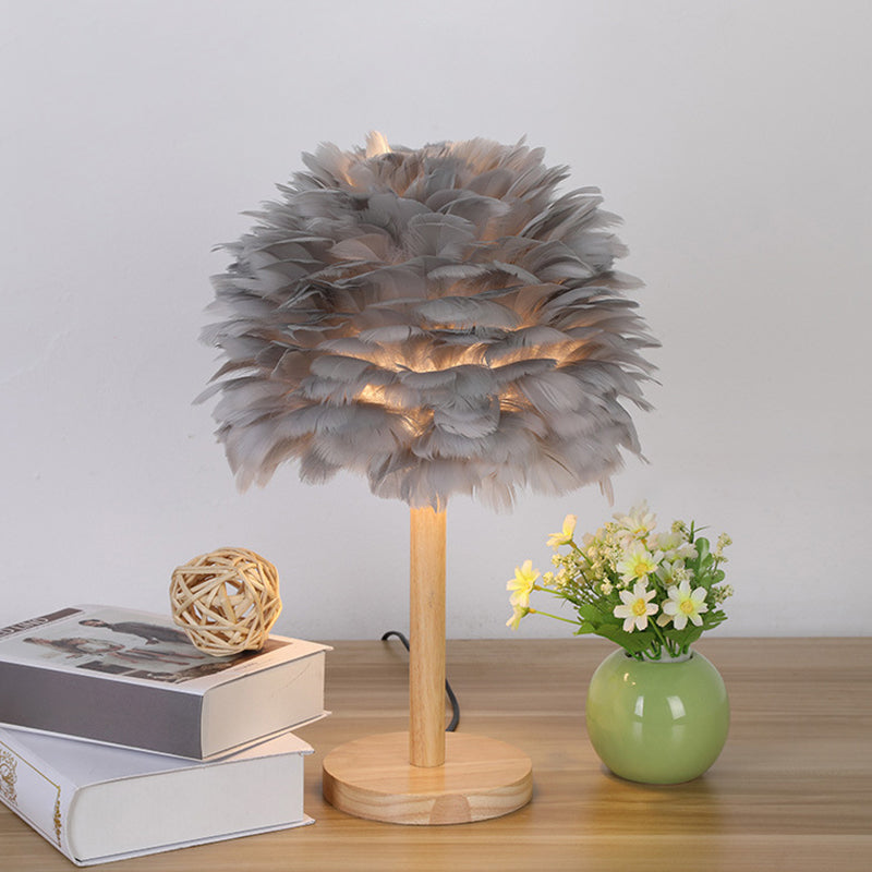 Dome Nightstand Light Nordic Feather Single Bedside Table Lamp in Pink/White/Grey with Wood Pole