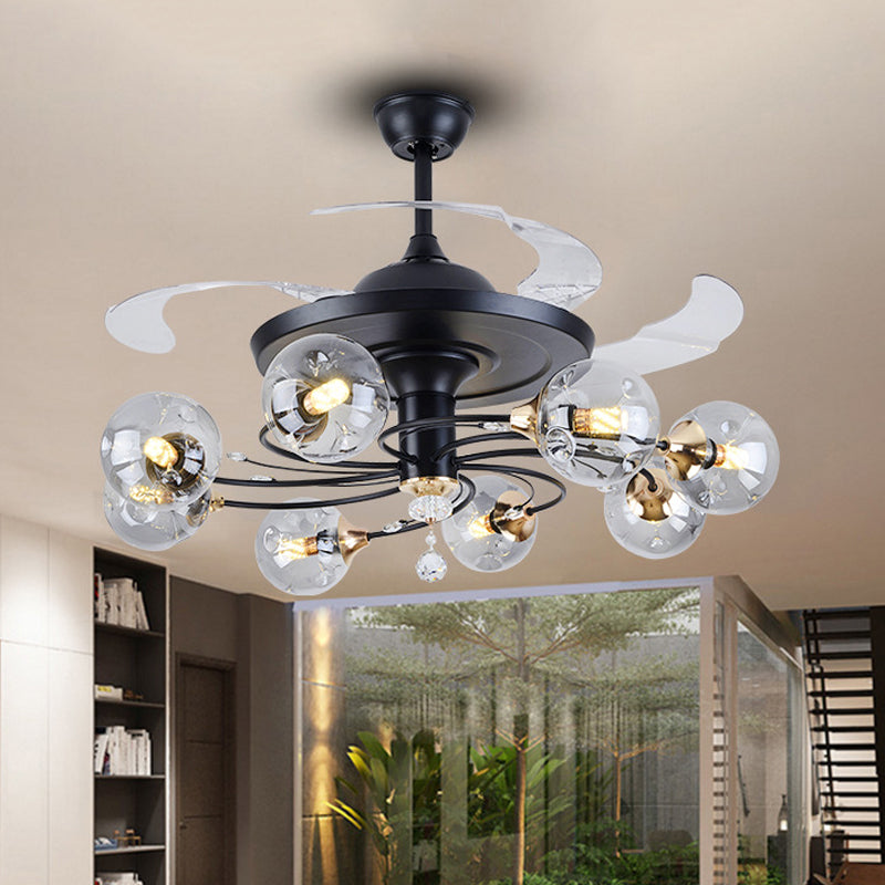 42" Wide Simplicity Globe Pendant Fan Lamp Clear Glass 8-Light Bedroom Semi Flush Mount Lighting with 4 Blades