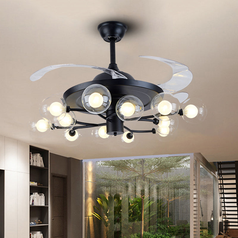 4-blade Clear Glass Orb Semi Flush Mount Modernity 42 "Wide 12 Heads Hanglang ventilatorlamp in het zwart