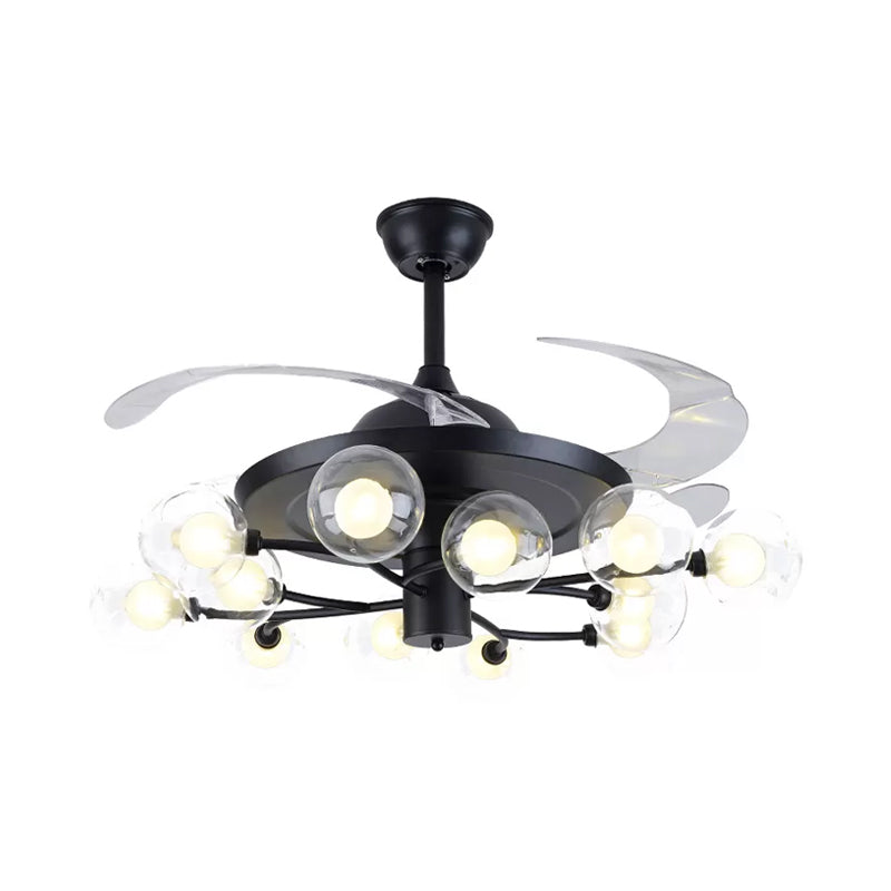 4-blade Clear Glass Orb Semi Flush Mount Modernity 42 "Wide 12 Heads Hanglang ventilatorlamp in het zwart