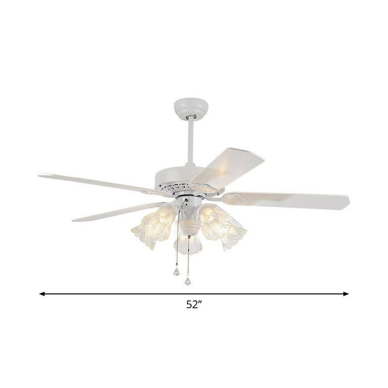 5 bollen hanglamp ventilator licht rustieke woonkamer 5-blade semi-montage verlichting met klok gesneden glazen schaduw, 52 "breed