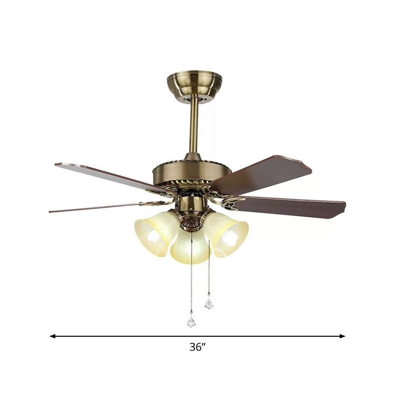 42 "brede 3-lichte Bell Semi Flush Mount Mount Farmhouse Gold Finish Frosted Glass 3 Blades plafondventilator Lamp met trekketting