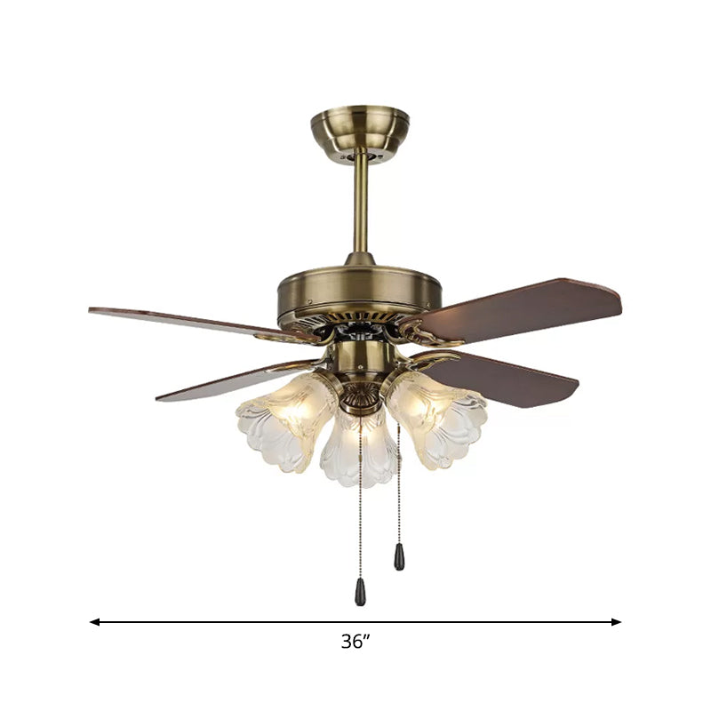 Gold Flower Semi-Flush Mount Countryside Frosted Glass 3-Light Dining Room Hanging Fan Light, 4 Blades