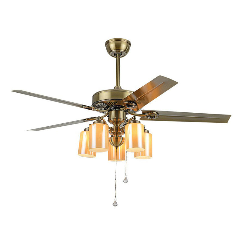 5-Blade Cylinder Living Room Semi Flush Rustic Amber Glass 52" Wide 5 Heads Gold Hanging Fan Lamp Fixture with Pull Chain