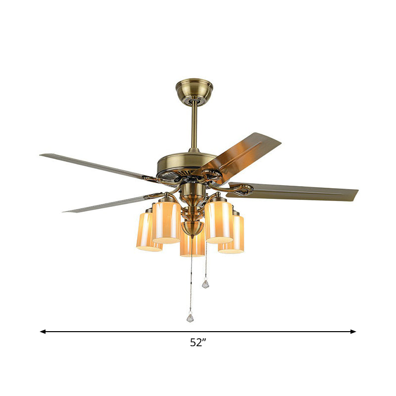 5-Blade Cylinder Living Room Semi Flush Rustic Amber Glass 52" Wide 5 Heads Gold Hanging Fan Lamp Fixture with Pull Chain