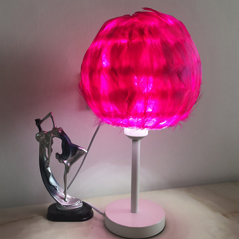 Handmade Sphere Feather Table Light Nordic Style 1-Light White/Pink/Rose Red Nightstand Lamp with Plug-in Cord