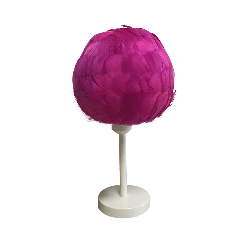 Handmade Sphere Feather Table Light Nordic Style 1-Light White/Pink/Rose Red Nightstand Lamp with Plug-in Cord