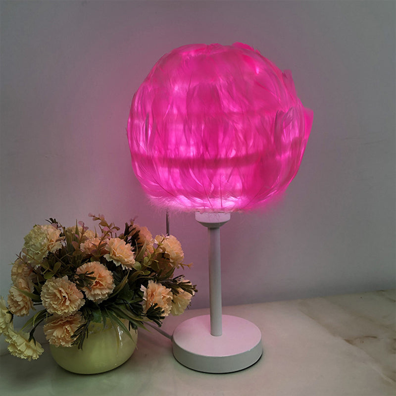 Handmade Sphere Feather Table Light Nordic Style 1-Light White/Pink/Rose Red Nightstand Lamp with Plug-in Cord