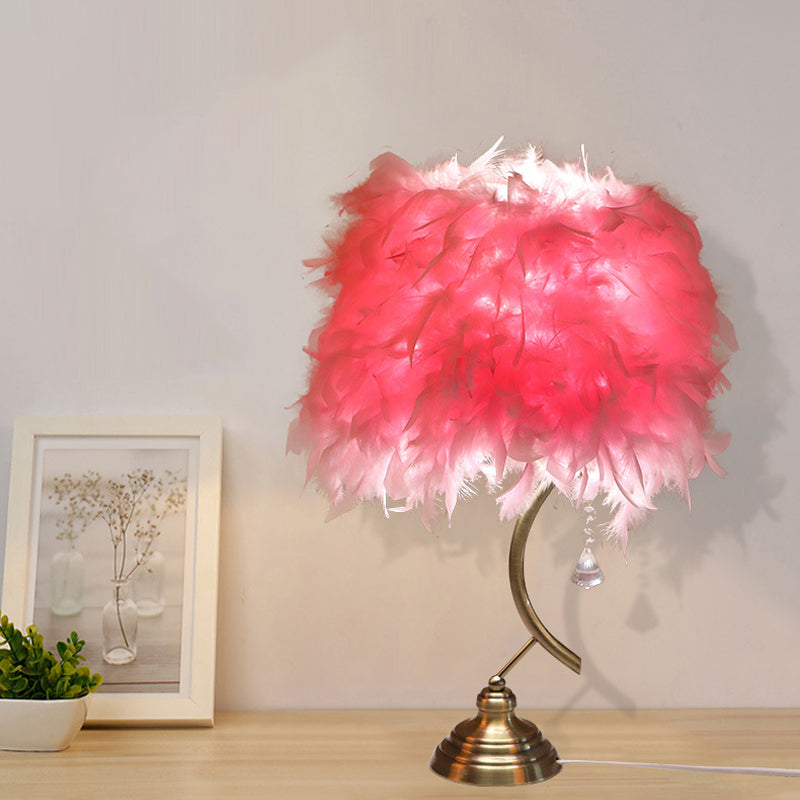 White/Pink Tapered Table Lamp Contemporary 1 Head Feather Nightstand Light with Crystal Drop