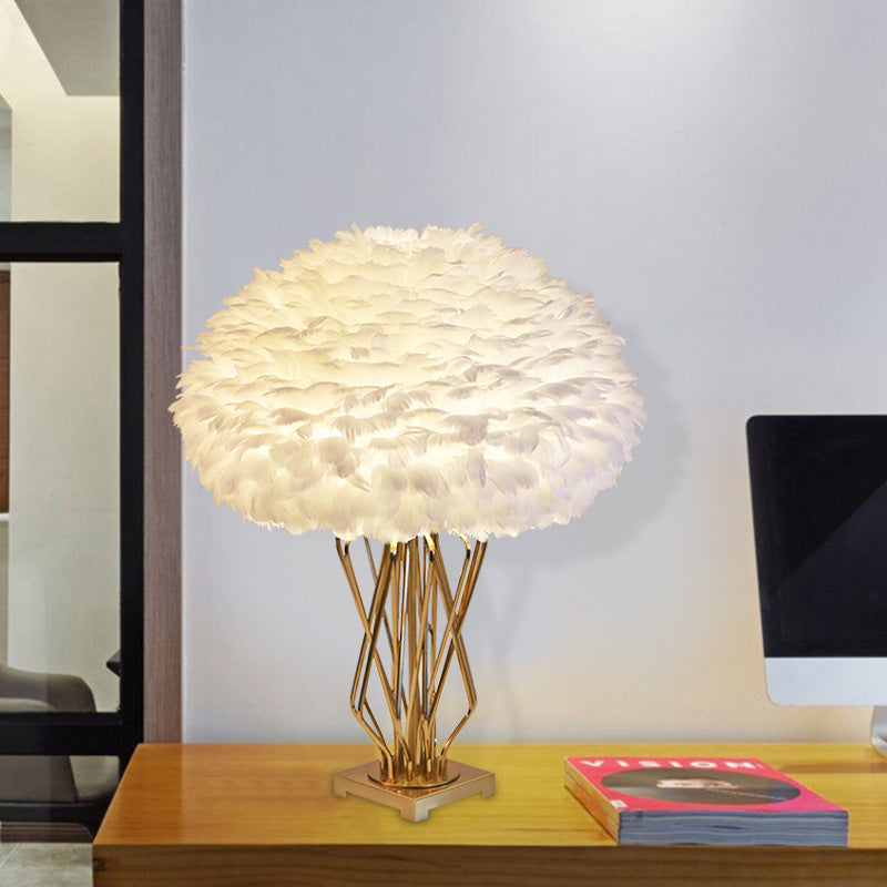 Half-Globe Feather Table Lamp Post-Modern Single White and Brass Night Light with Open Urn Shaped Base