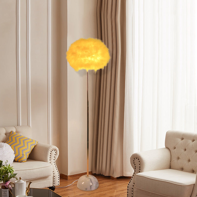 Hand-Woven Feather Sphere Floor Lamp Nordic 1 Head Yellow Floor Standing Light with Ceramic Base